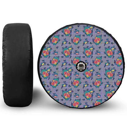 Blue And White Floral Glen Plaid Print Tire Cover With Camera Hole
