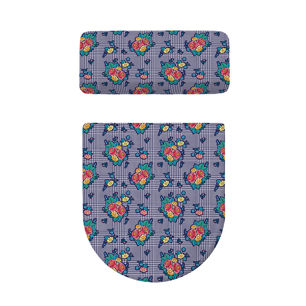 Blue And White Floral Glen Plaid Print Toilet Lid And Tank Cover Set