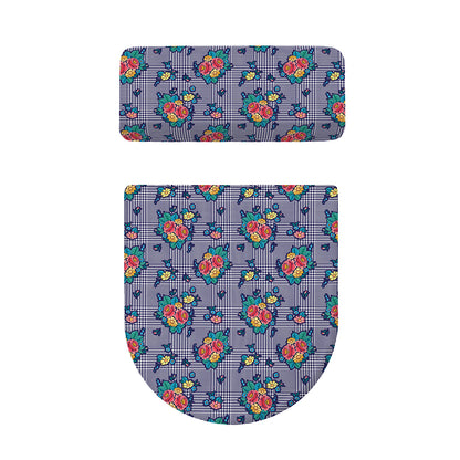 Blue And White Floral Glen Plaid Print Toilet Lid And Tank Cover Set