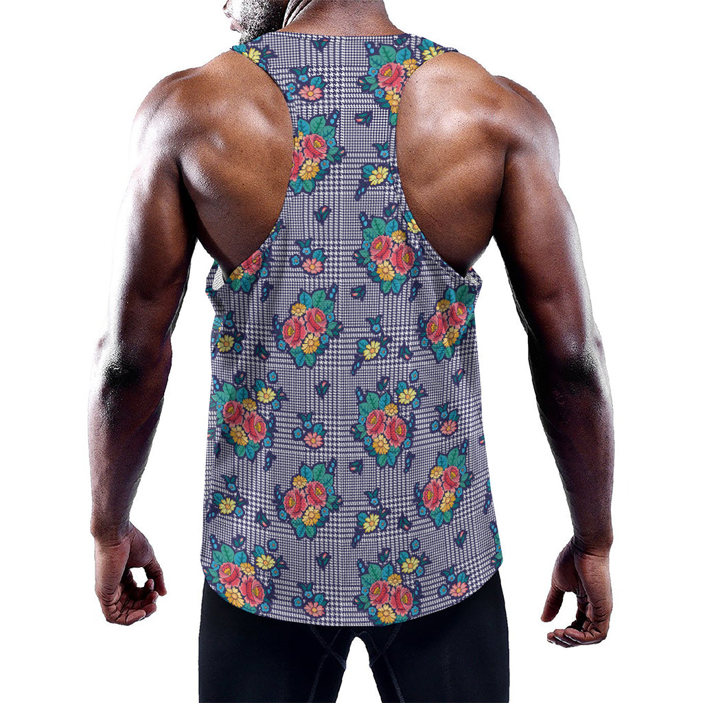 Blue And White Floral Glen Plaid Print Training Tank Top