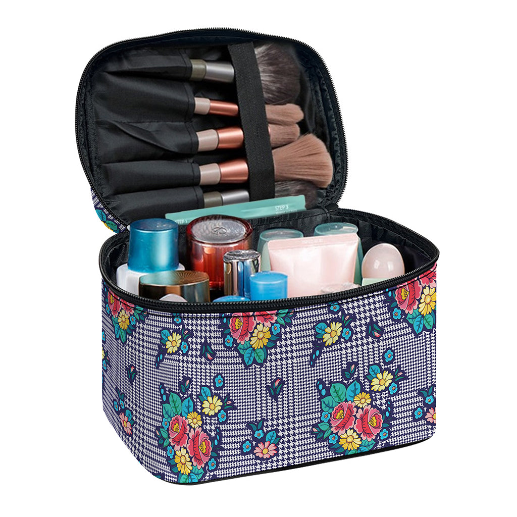 Blue And White Floral Glen Plaid Print Travel Makeup Bag