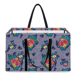 Blue And White Floral Glen Plaid Print Utility Tote Bag