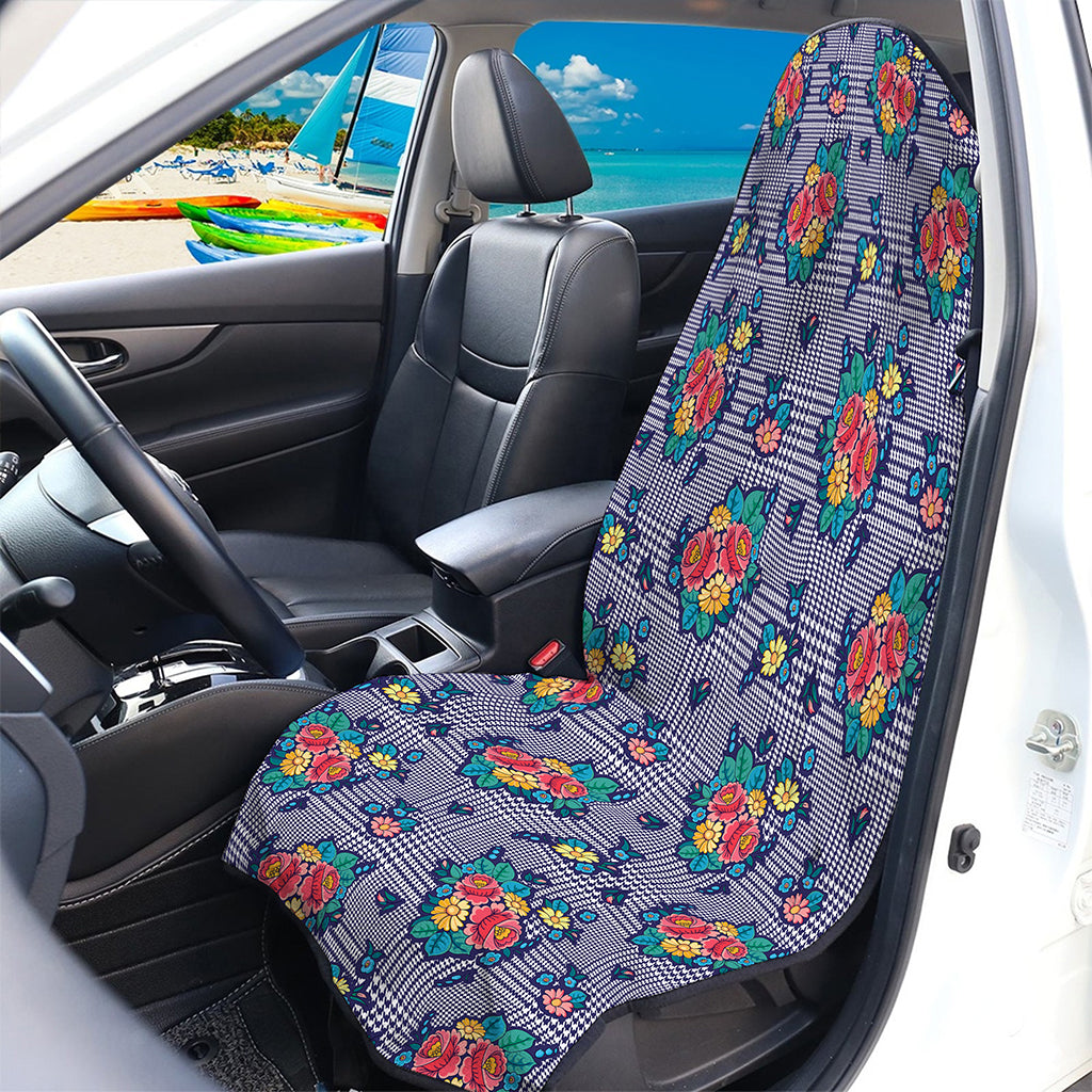 Blue And White Floral Glen Plaid Print Waterproof Car Seat Cover
