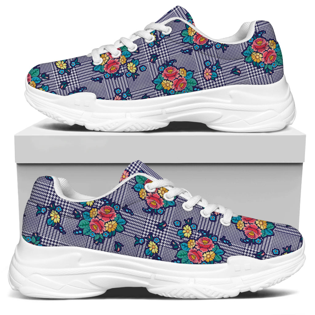 Blue And White Floral Glen Plaid Print White Chunky Shoes