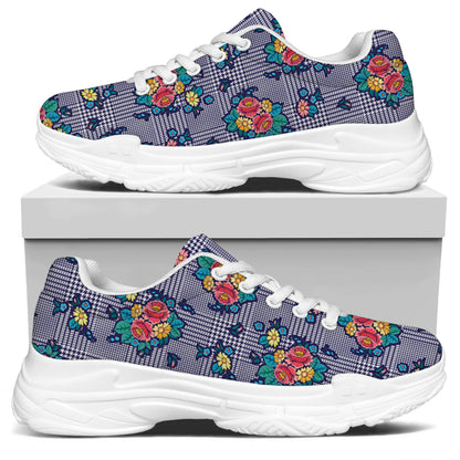 Blue And White Floral Glen Plaid Print White Chunky Shoes