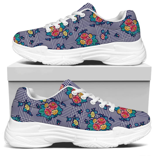Blue And White Floral Glen Plaid Print White Chunky Shoes