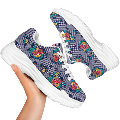 Blue And White Floral Glen Plaid Print White Chunky Shoes