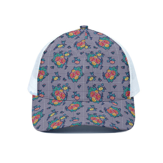 Blue And White Floral Glen Plaid Print White Mesh Trucker Cap