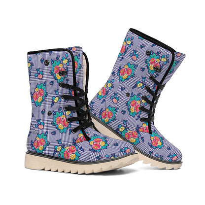 Blue And White Floral Glen Plaid Print Winter Boots