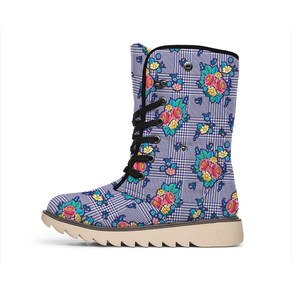 Blue And White Floral Glen Plaid Print Winter Boots