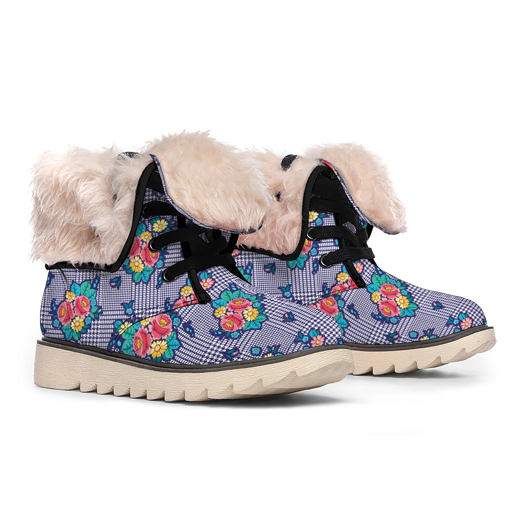 Blue And White Floral Glen Plaid Print Winter Boots