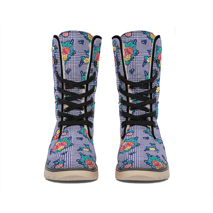 Blue And White Floral Glen Plaid Print Winter Boots
