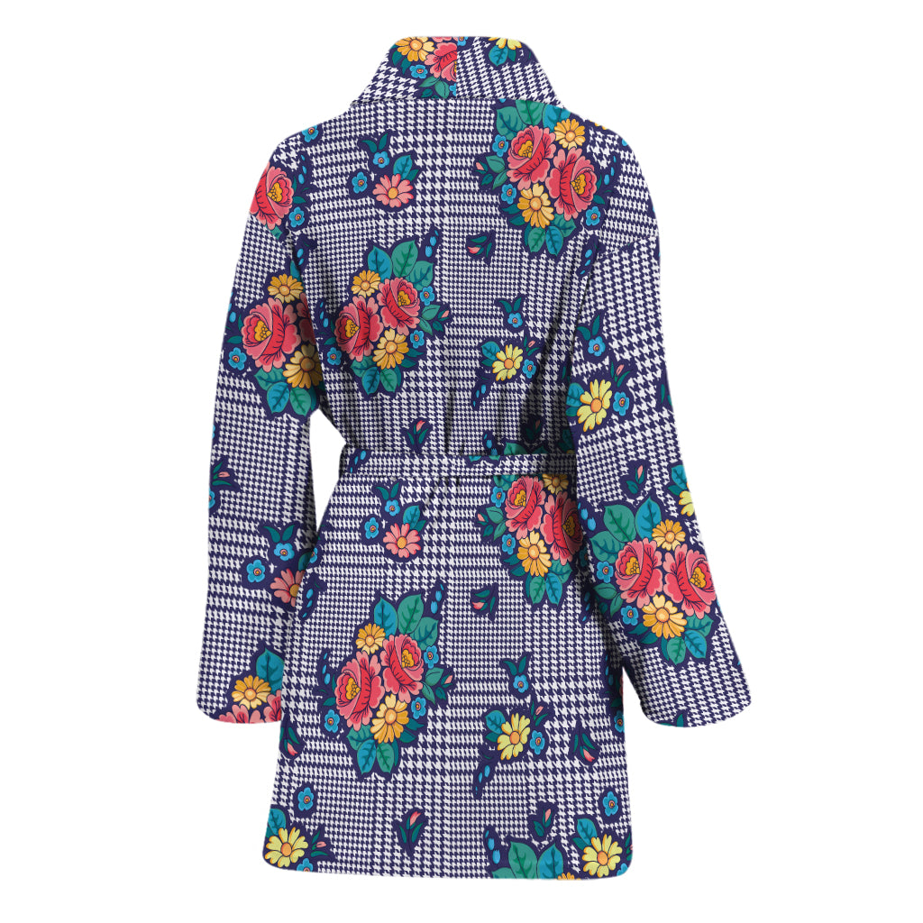 Blue And White Floral Glen Plaid Print Women's Bathrobe