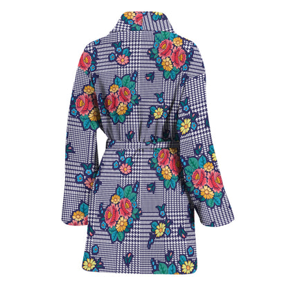 Blue And White Floral Glen Plaid Print Women's Bathrobe