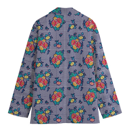 Blue And White Floral Glen Plaid Print Women's Blazer