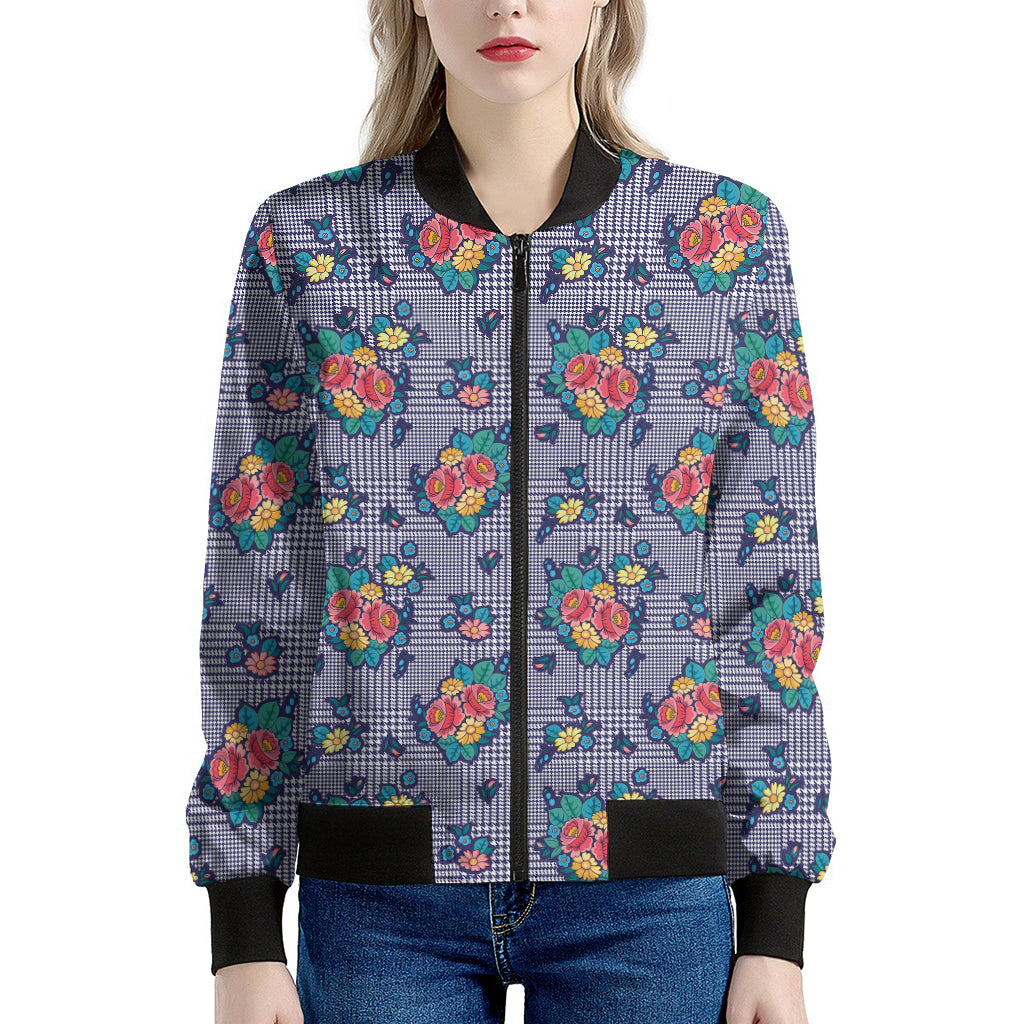 Blue And White Floral Glen Plaid Print Women's Bomber Jacket