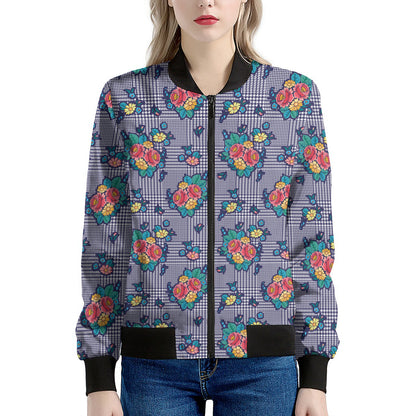 Blue And White Floral Glen Plaid Print Women's Bomber Jacket
