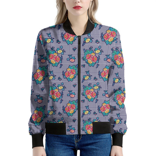 Blue And White Floral Glen Plaid Print Women's Bomber Jacket