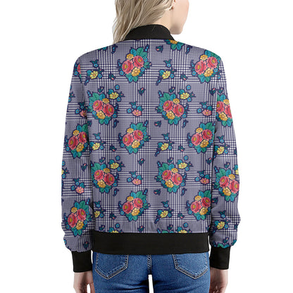 Blue And White Floral Glen Plaid Print Women's Bomber Jacket