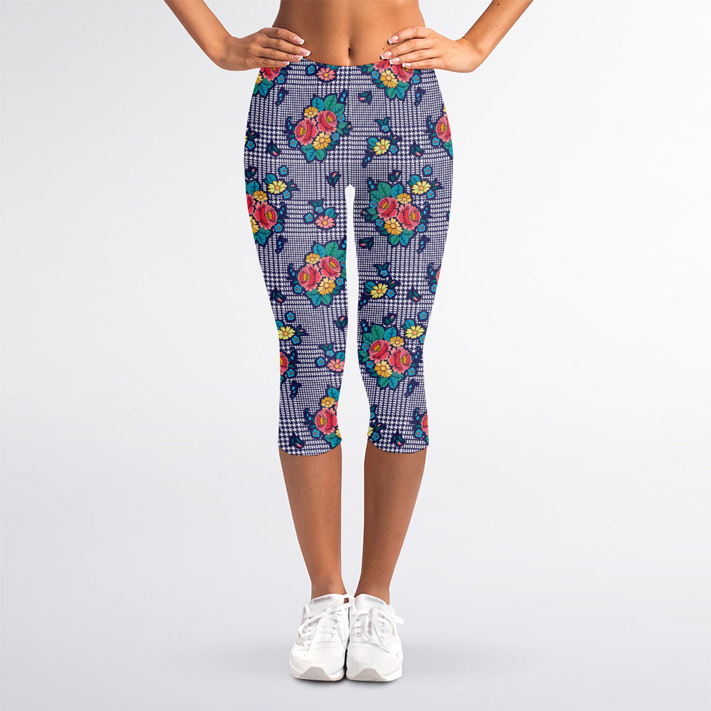 Blue And White Floral Glen Plaid Print Women's Capri Leggings