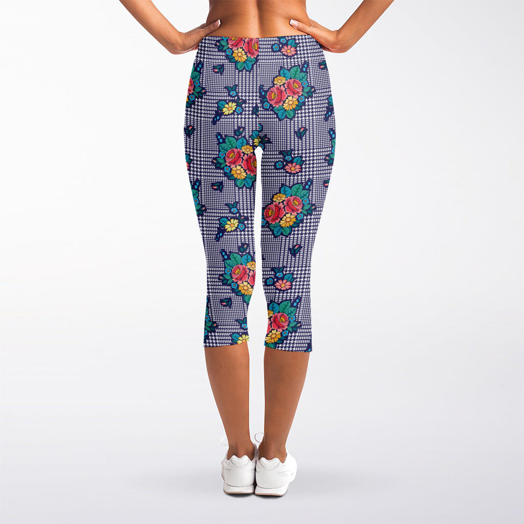 Blue And White Floral Glen Plaid Print Women's Capri Leggings