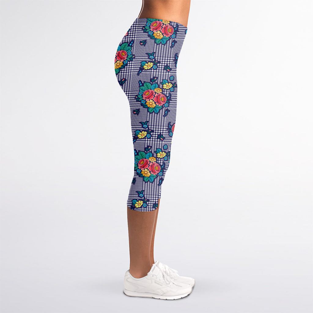 Blue And White Floral Glen Plaid Print Women's Capri Leggings