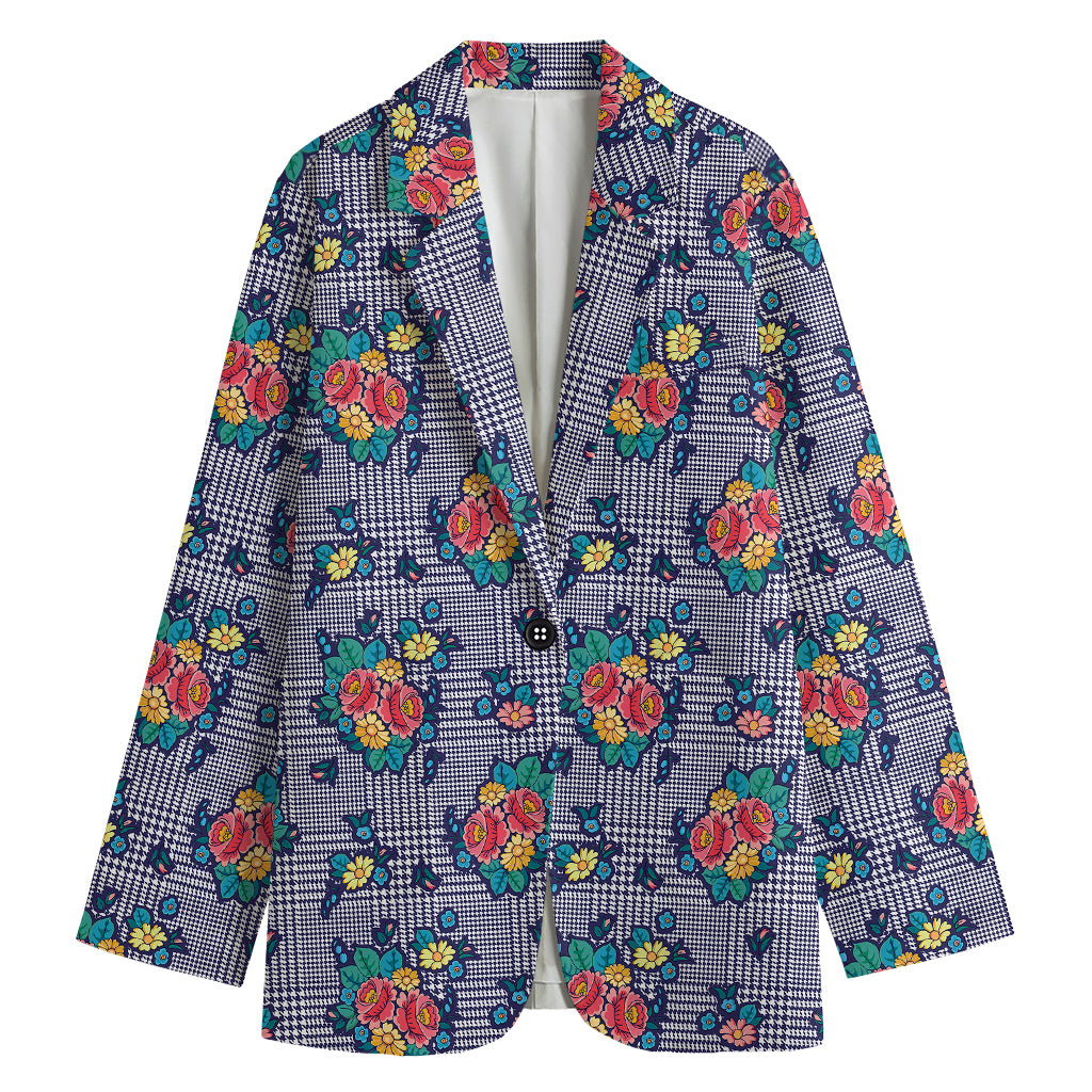 Blue And White Floral Glen Plaid Print Women's Cotton Blazer