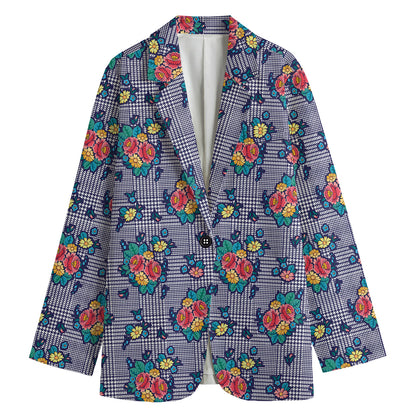 Blue And White Floral Glen Plaid Print Women's Cotton Blazer