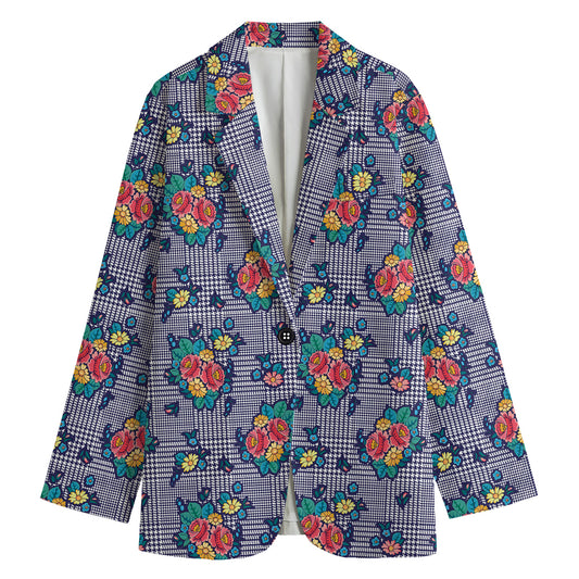 Blue And White Floral Glen Plaid Print Women's Cotton Blazer