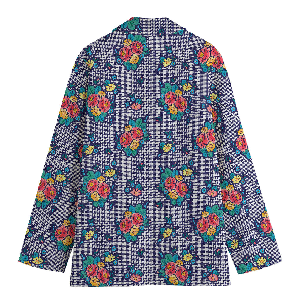 Blue And White Floral Glen Plaid Print Women's Cotton Blazer