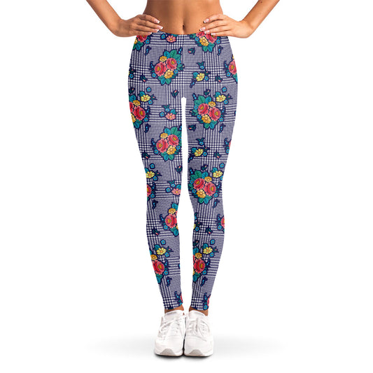 Blue And White Floral Glen Plaid Print Women's Leggings