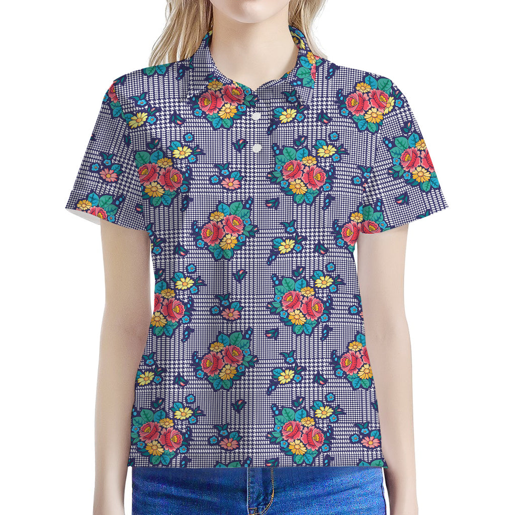 Blue And White Floral Glen Plaid Print Women's Polo Shirt