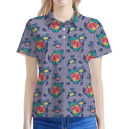 Blue And White Floral Glen Plaid Print Women's Polo Shirt