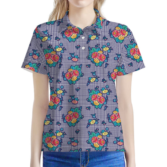 Blue And White Floral Glen Plaid Print Women's Polo Shirt