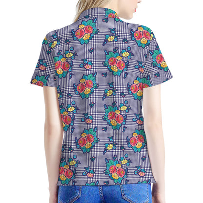 Blue And White Floral Glen Plaid Print Women's Polo Shirt