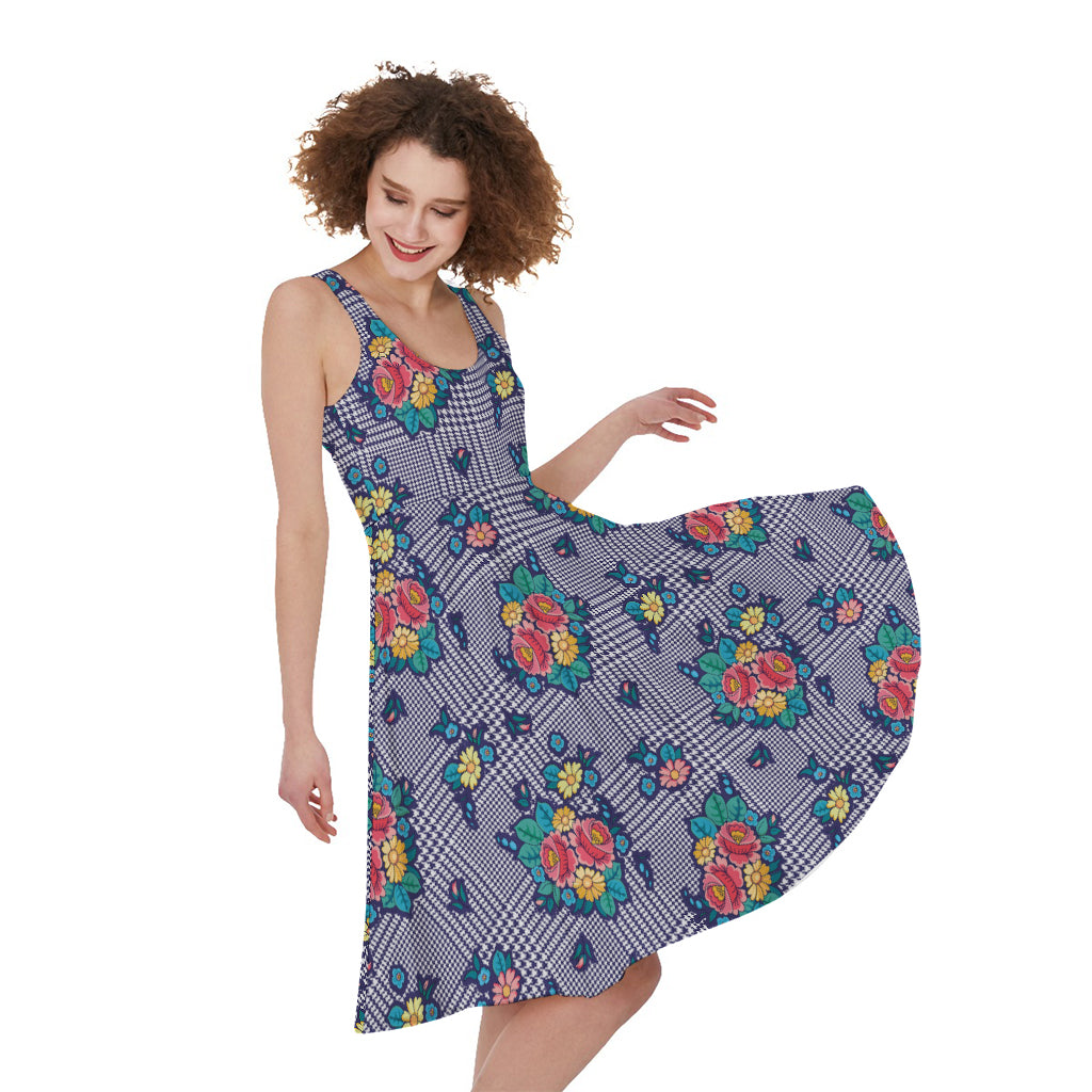 Blue And White Floral Glen Plaid Print Women's Sleeveless Dress
