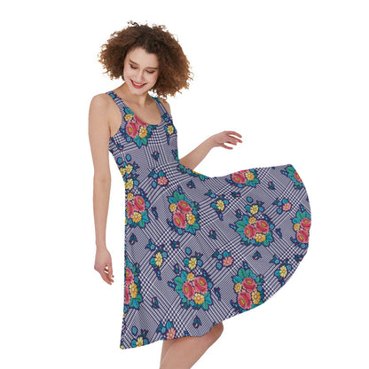 Blue And White Floral Glen Plaid Print Women's Sleeveless Dress