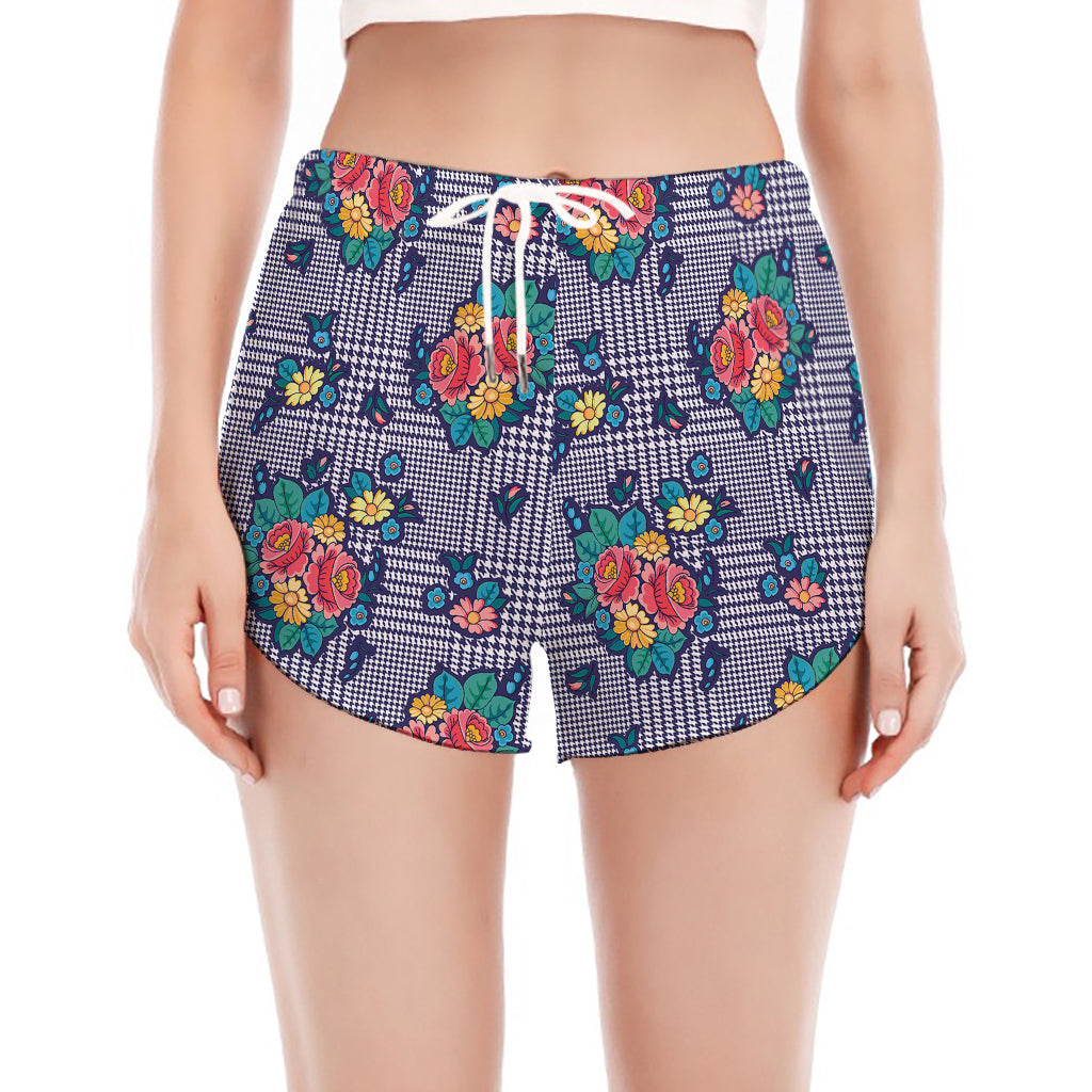 Blue And White Floral Glen Plaid Print Women's Split Running Shorts