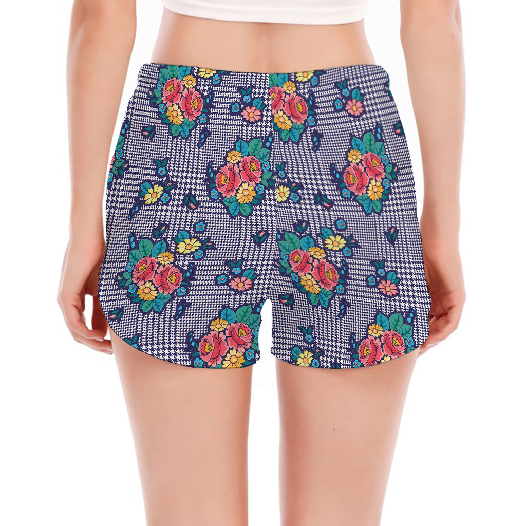 Blue And White Floral Glen Plaid Print Women's Split Running Shorts