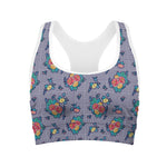 Blue And White Floral Glen Plaid Print Women's Sports Bra