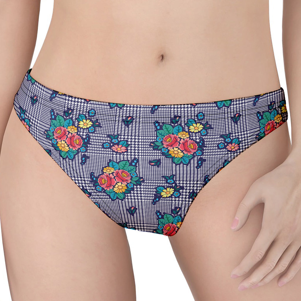 Blue And White Floral Glen Plaid Print Women's Thong