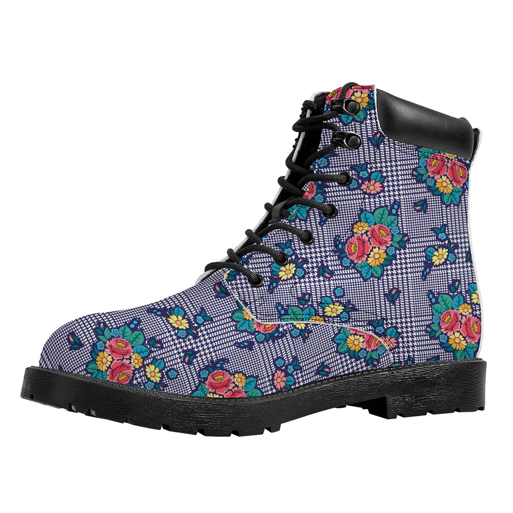 Blue And White Floral Glen Plaid Print Work Boots