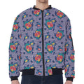 Blue And White Floral Glen Plaid Print Zip Sleeve Bomber Jacket