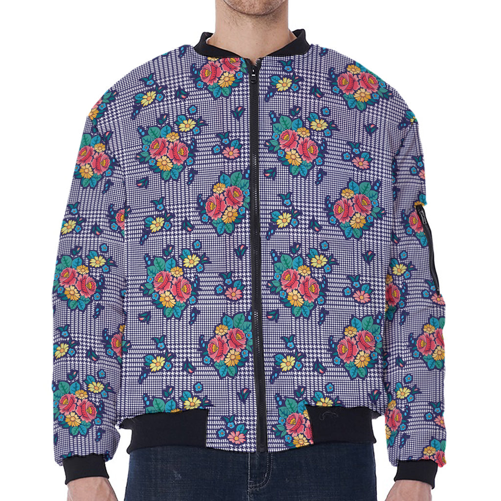 Blue And White Floral Glen Plaid Print Zip Sleeve Bomber Jacket