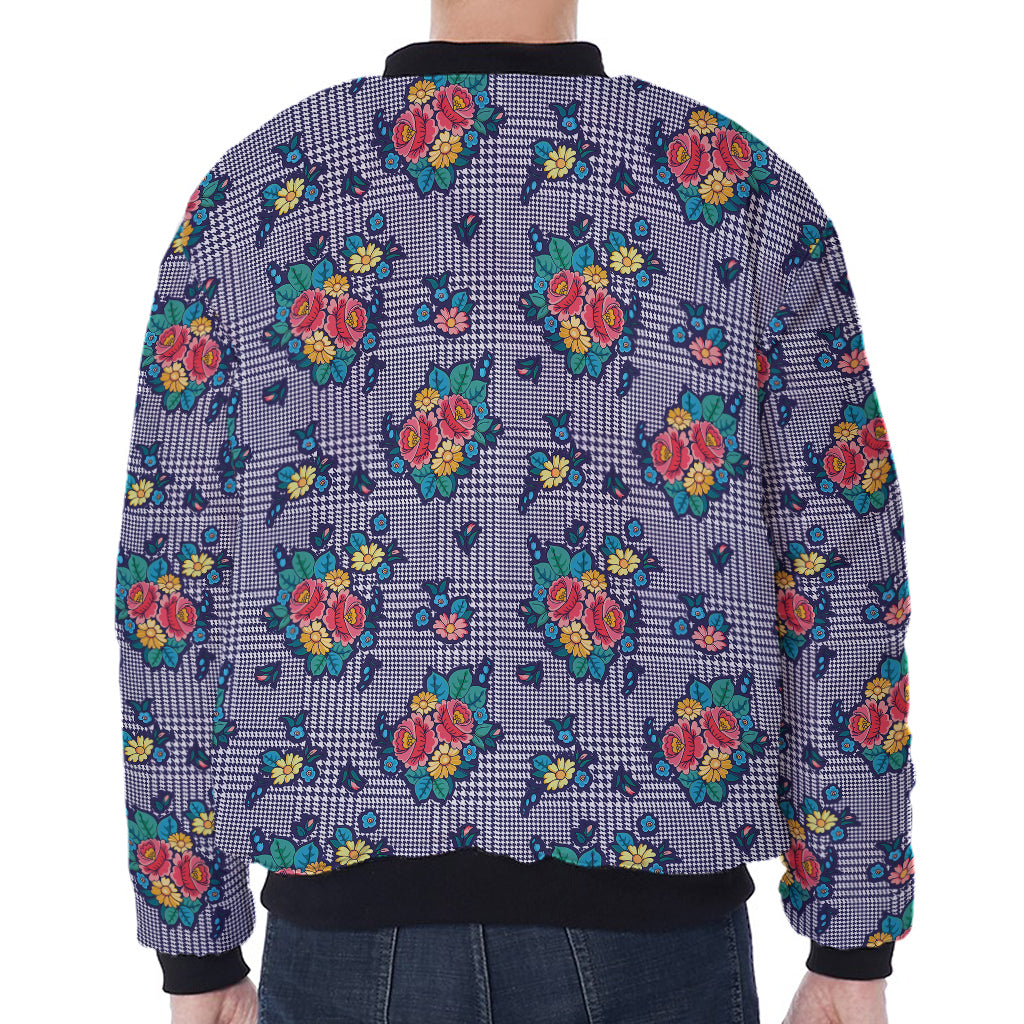 Blue And White Floral Glen Plaid Print Zip Sleeve Bomber Jacket