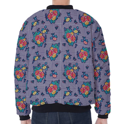 Blue And White Floral Glen Plaid Print Zip Sleeve Bomber Jacket