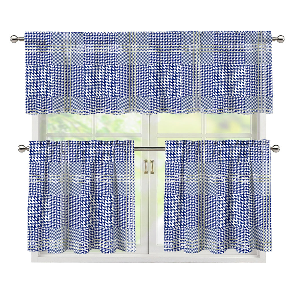 Blue And White Glen Plaid Print 3 Piece Kitchen Curtains