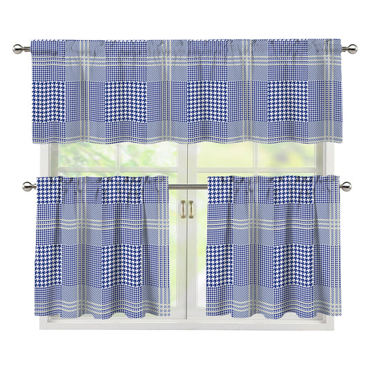 Blue And White Glen Plaid Print 3 Piece Kitchen Curtains
