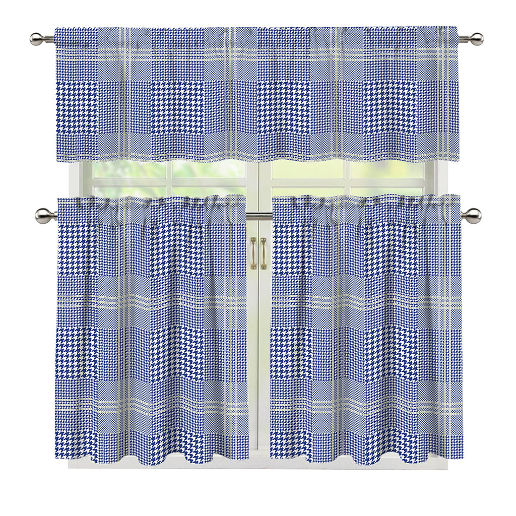 Blue And White Glen Plaid Print 3 Piece Kitchen Curtains