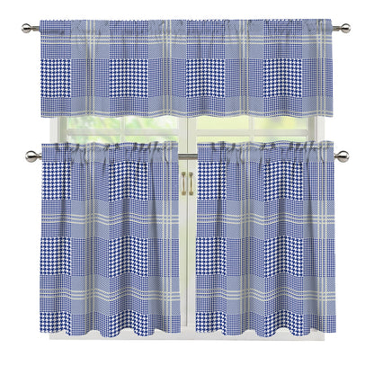 Blue And White Glen Plaid Print 3 Piece Kitchen Curtains